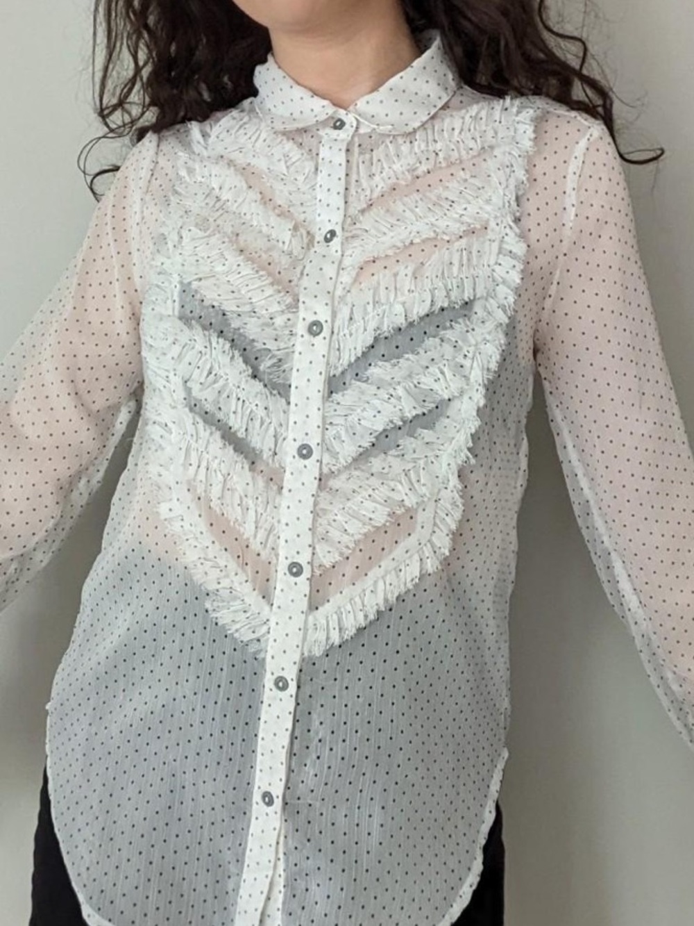 Free People Polka Dot Fringe Tuxedo Blouse